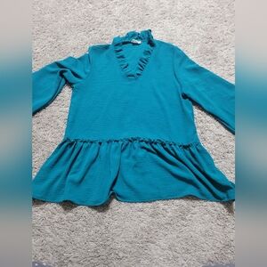 143 Story Teal Ruffle Neck Peplum Blouse Small Long Sleeve Boho Top